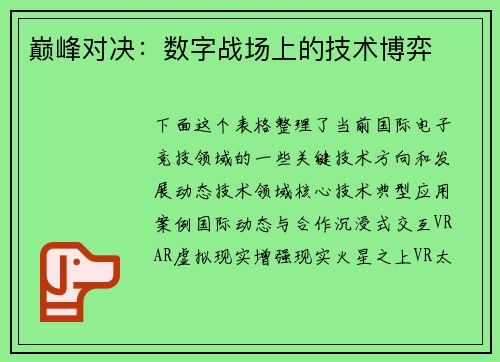 巅峰对决：数字战场上的技术博弈